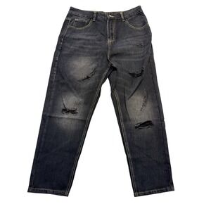 SheIn Jeans Mens 33x27 Black Distressed Ripped High Rise Straight Leg Denim